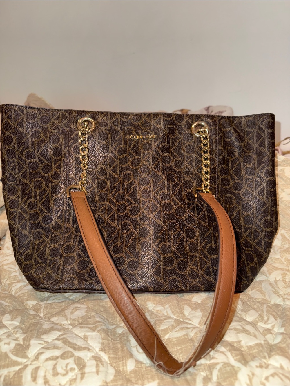 Calvin Klein Brown Monogram Tote with Tan Chain-Trim Straps